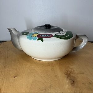 VTG Hand Painted Stoneware Teapot Gray Ombre Mid Century Folk Art Floral